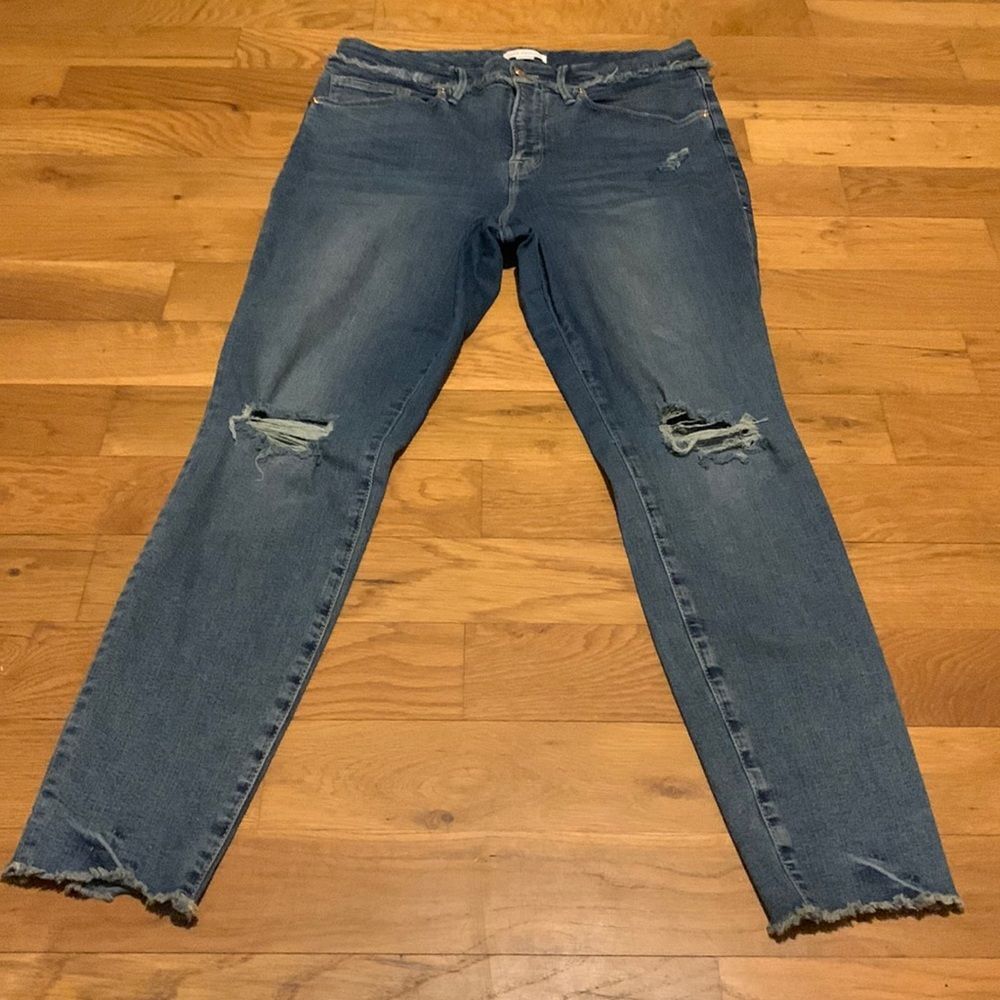 Good American High Rise Ripped Skinny Jeans Size 14/32 Distressed Organic Cotton